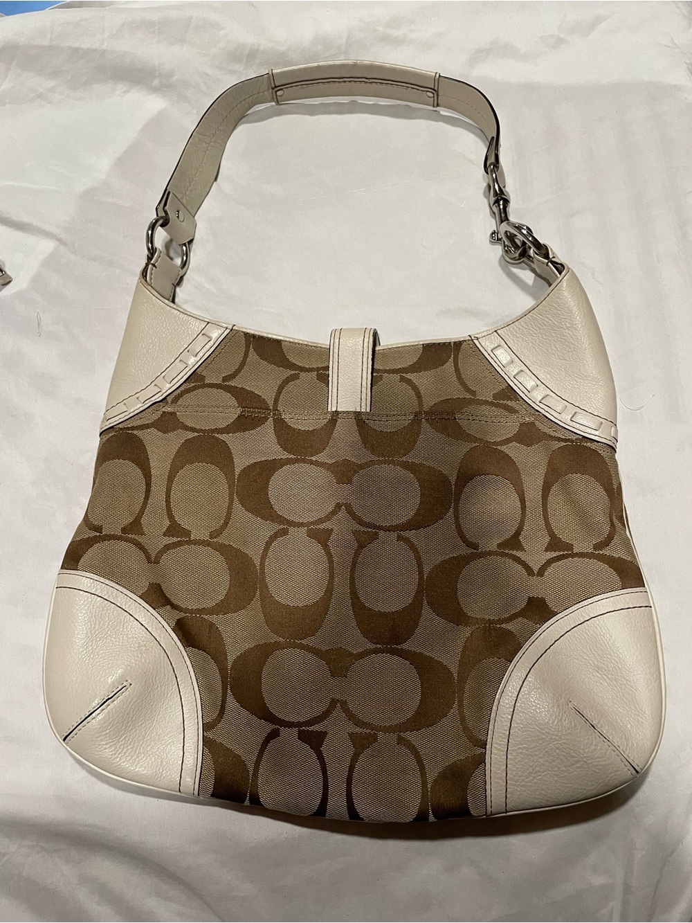Coach Brown Signature Canvas and Chalk Leather Shoulder Bag!!